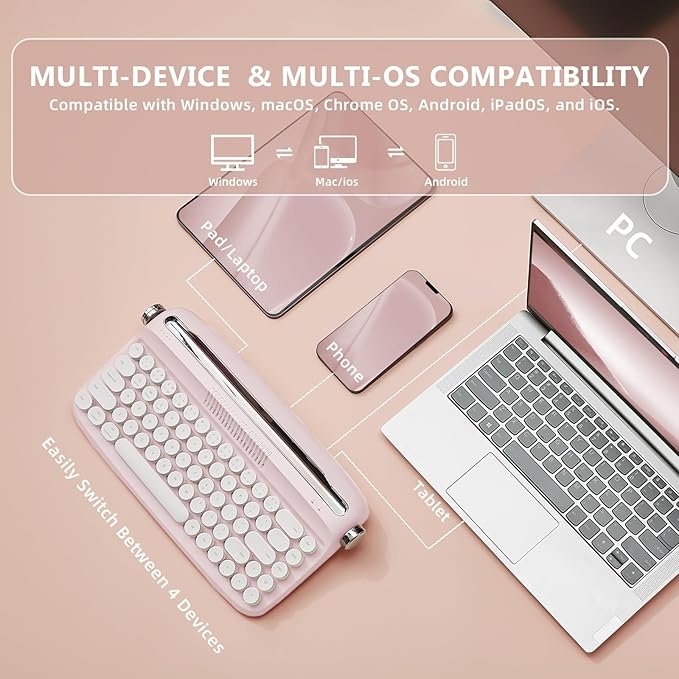 YUNZII Upgraded Wireless Typewriter Keyboard, Retro Aesthetic with Integrated Stand,Cute Round Keycaps, USB-C/Bluetooth Connection for Table, Phone, PC and Win/Mac/Android (B307, Baby Pink)