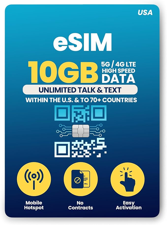H2O Wireless 30-Day USA eSIM, Prepaid eSIM Card with 10GB High-Speed 4G LTE/5G Data & 5GB Mobile Hotspot, Unlimited Data, Talk & Text to 70+ Countries, US Mobile SIM Card for Cell Phones