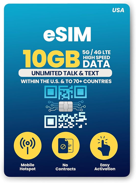 H2O Wireless 30-Day USA eSIM, Prepaid eSIM Card with 10GB High-Speed 4G LTE/5G Data & 5GB Mobile Hotspot, Unlimited Data, Talk & Text to 70+ Countries, US Mobile SIM Card for Cell Phones