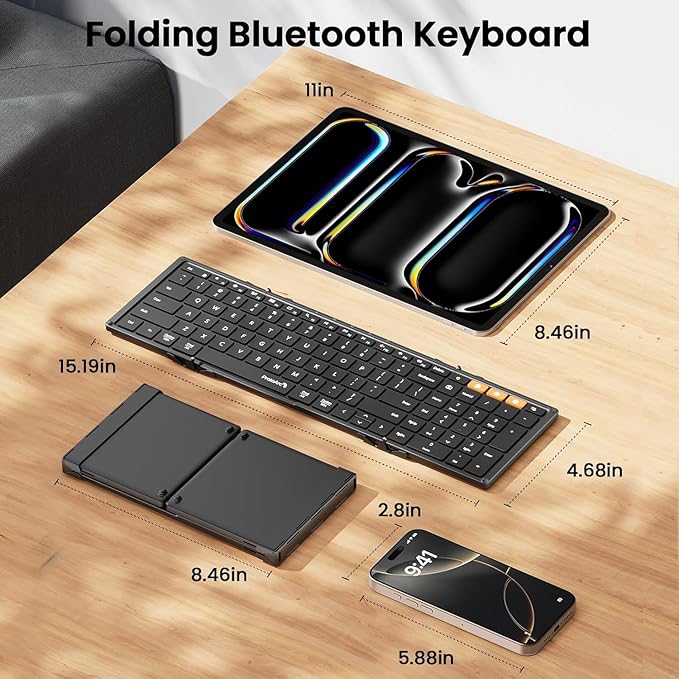 ProtoArc Foldable Bluetooth Keyboard, XK01 Folding Wireless Portable Keyboard with Numeric Keypad, Full-Size Travel Keyboards for iPad Tablet Smartphone Laptop PC Windows iOS Android, Black
