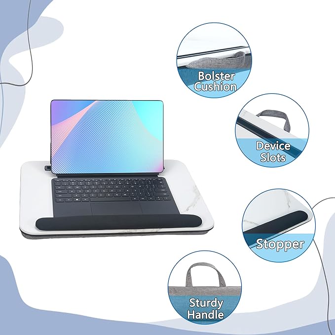 Portable Laptop Desk Fits Up to 16“ Laptops, with Tablet Slot, Built-in Cushion, Great for Home & Office,Lap Desk for Laptop,Lap Desk with Cushion (White Marble with Wrist Rest, Medium)