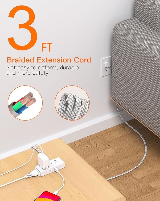 Flat Extension Cord 3 feet, Flat Plug Power Strip, 4 Widely Outlets with 3 USB Ports (2 USB C), 3 Side Outlet Extender with Extension Cord with Multiple Outlets for Home, Office, Dorm Room Essentials