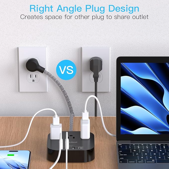 Power Strip with USB C, 3 Outlets 4 USB Ports (22.5W/4.5A) Desktop Charging Station, Flat Plug, 5ft Braided Extension Cord, Non Surge Protector for Travel, Cruise Ship, ETL Listed, Black