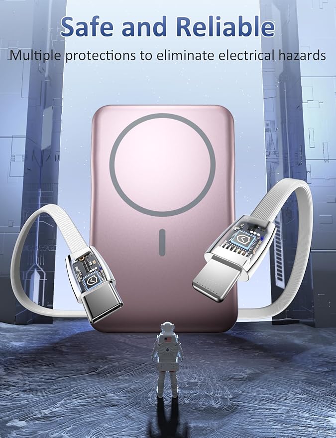 Magnetic Portable Charger, 10000mAh Power Bank, 5 in 1 Portable Charger with Built in Cable, 20W Fast Charging for Magsafe Battery Pack Compatible with iPhone 16/15/14/13 Pro/Pro Max, Samsung Series