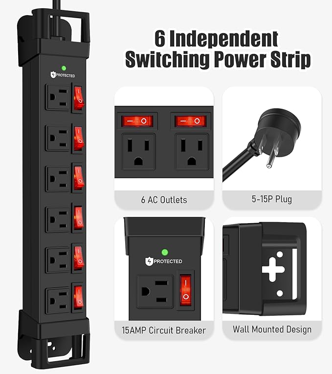 Heavy Duty Power Strip,6 Outlets Metal Power Strip with Individual Switch & Cord Management,Mountable Surge Protector 1200J,15FT Extension Cord(Black,15 FT)