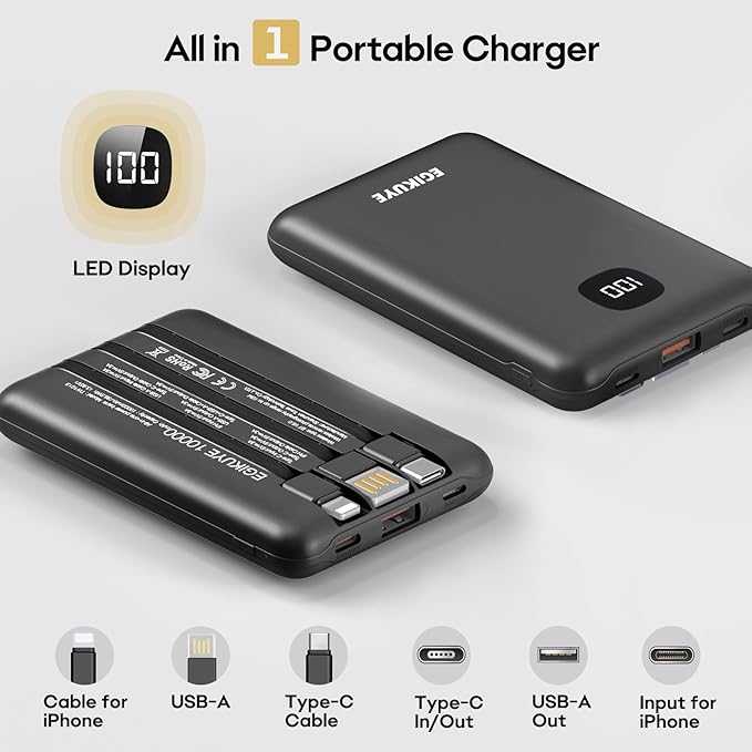 Portable Charger 10000mAh Power Bank with Digital Display, External Battery Pack with Built-in Cables, Ultra-Compact USB-C in&Out Travel Essential for iPhone, Android, Samsung etc
