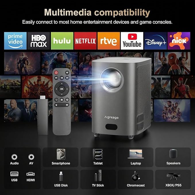 [Electric Focus] Projector with WiFi and Bluetooth, Native 1080P 15,000 Lumens 4K Supported, Agreago Outdoor Movie Projector for Home Theater UP to 300", for iOS/Android/TV Stick/HDMI/USB