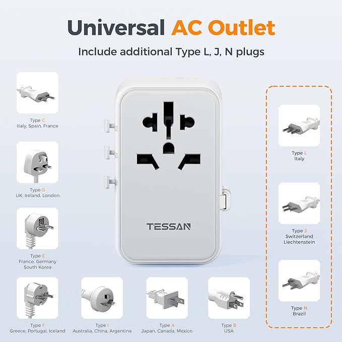 TESSAN Universal Travel Adapter PD 35W GaN, International Power Adapter Built in 1 Retractable USB C Cable, 6 in 1 Travel Adaptor Worldwide with 4 USB Ports for US to Europe UK AUS (Type C G A I)