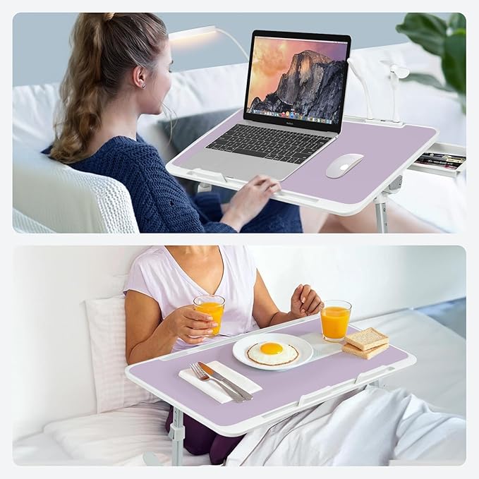 Laptop Lap Desk Include Cooling Fan,Adjustable Lap Desk with Light Fan,Folding Laptop Desk for Bed with USB,Bed Desk with Storage Drawer 60x40cm,Purple