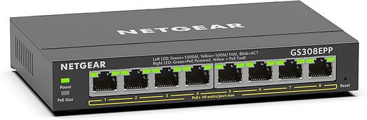 NETGEAR 8 Port PoE Gigabit Ethernet Easy Smart Managed Essentials Switch (GS308EPP) - with 8 x PoE+ @ 123W, Desktop or Wall Mount