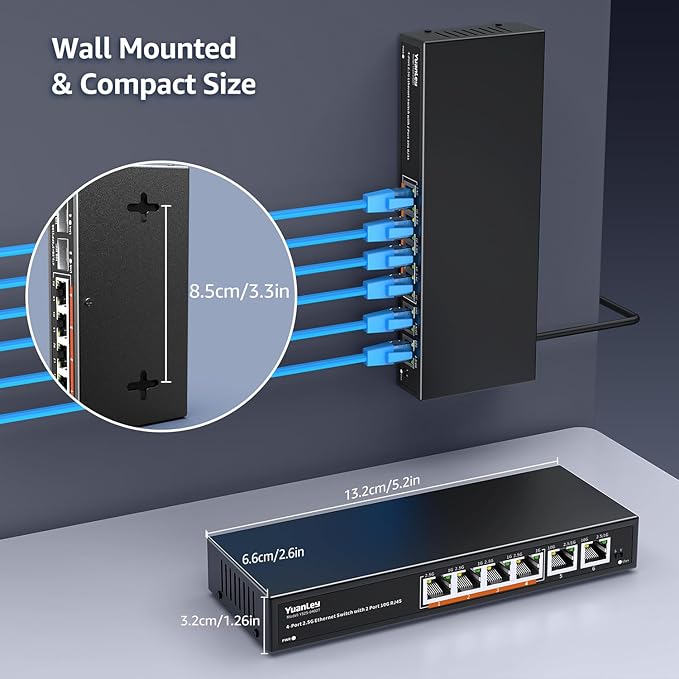 6 Port 10G Ethernet Switch Unmanaged, 4 x 2.5G Base-T Ports, 2 x 10Gb RJ45 Ports, Compatible with 100/1000/2500Mbps, Metal Fanless, VLAN, YuanLey 2.5Gbe Network Switch for 2.5G/10G NAS, Wireless AP