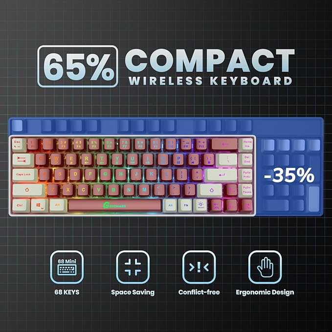 65% Wireless Gaming Keyboard, LED Backlit Gaming Keyboard, 68 Keys Ultra-Compact Anti-ghosting No-Conflict Wireless Keyboard for PC Laptop Windows Gamer(Red-White)