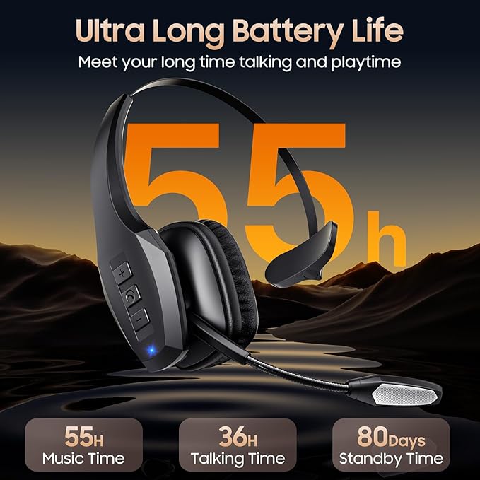 Trucker Bluetooth Headset, Wireless Headset with Mic, Bluetooth Headsets with Dual Noise Cancelling Microphone & Mute Button, 55Hrs Working Time PC Headsets for Cell Phones, Computer, Truck Driver