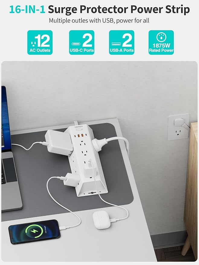10FT Surge Protector Power Strip, HOPOW Long Extension Cord with 12 Widely AC Outlets 4 USB (2-USB C), Flat Plug, Wall Mount Power Strip, 1700 Joules Charging Station for Home Office, White