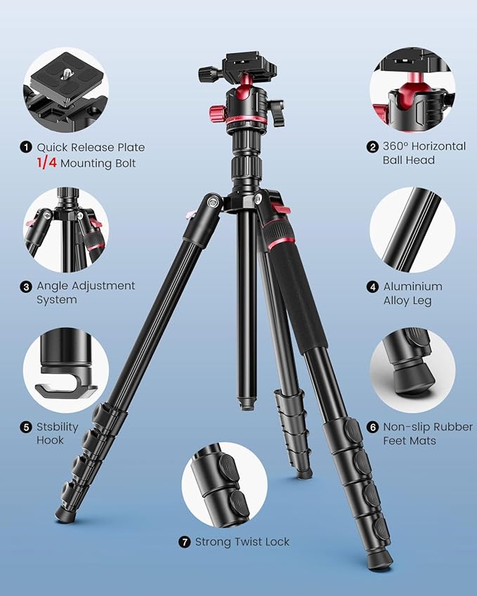 CAMBOFOTO 80“ DSLR-Camera-Tripod, Photography 360 Ball Head Professional Aluminum Tripod & Monopod with Carry Bag Compatible with Canon Nikon Binoculars Laser Telescope (Weight 3.35 Lbs, 15Lbs Load)