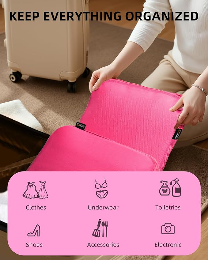 6 Set Compression Packing Cubes for Travel, Large Medium Small Luggage Organizers (Rose Red)