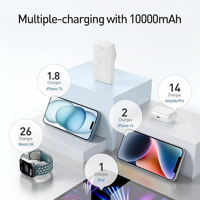 iWALK Magnetic Wireless Power Bank with iWatch Charger,10000mAh PD Fast Charging Portable Charger Compact Battery Pack Compatible with iPhone 17/16/15/14/13/12 Series,Apple Watch Ultra/8/7/6/5/4