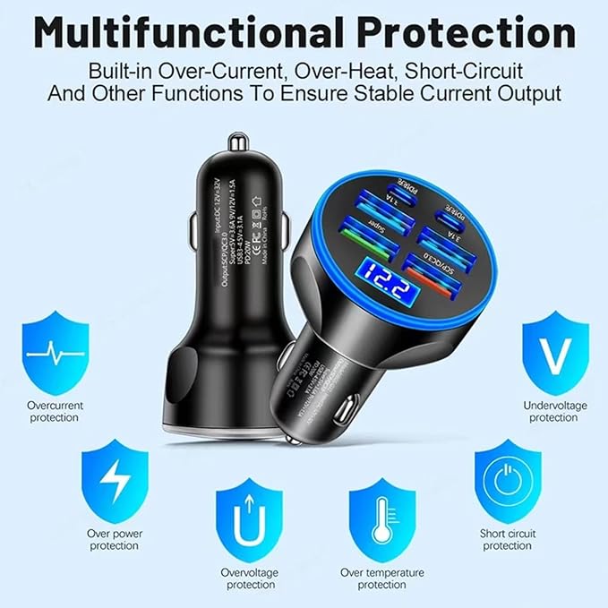 Super Fast Charge USB C Car Phone Charger Adapter 6 in 1 with Voltage Display 250W Multi Port Cigarette Lighter USB Charge for iPhone 16 15 14 13 12 11 Samsung Galaxy Huawei Oneplus Oppo Vivo