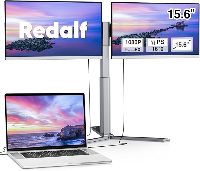 Redalf Laptop Screen Extender, 15.6" Portable Triple Monitor for Laptop,IPS Ultra-Thin Zero Frame Monitor Built-in Speakers Compatible with Mac, Windows, Chrome, Fits Laptops