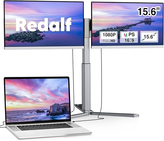 Redalf Laptop Screen Extender, 15.6" Portable Triple Monitor for Laptop,IPS Ultra-Thin Zero Frame Monitor Built-in Speakers Compatible with Mac, Windows, Chrome, Fits Laptops