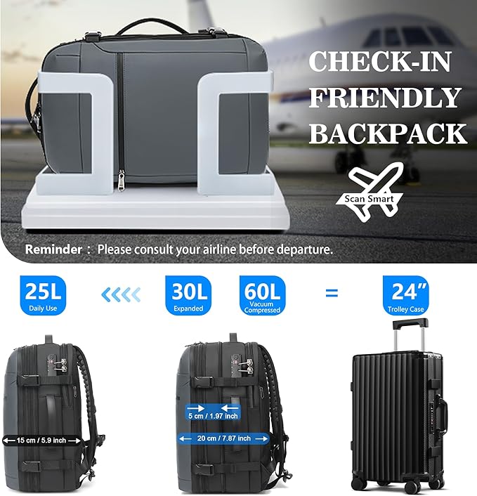 Vacuum Backpack Travel,60L Expandable Vacpack Backpack with Vacuum Pump, Water Resistant &TSA Lock, Easyvacpack Carry On Backpack Flight Approved Fits 17.3" Laptop, Grey