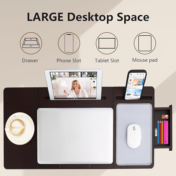 Nnewvante Laptop Bed Desk Bamboo Lap Table with Tablet Slot Height & Angle Adjustable Computer Lap Desk with Drawer Breakfast Serving Tray for Bed Floor, Black Walnut