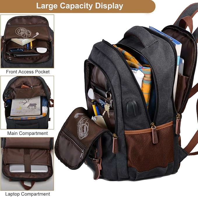 Mactso Canvas Travel Laptop Backpack for Men Women, Business Work Rucksack College Computer Bag Fits 17.3 Inch Notebook,Bookbag with USB Charging Port (Black, 17.3 Inch)
