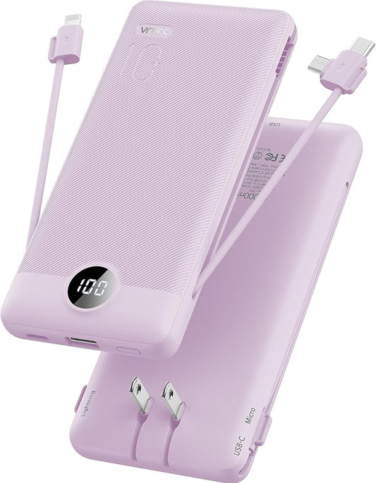 VRURC Portable Charger Built-in Cables and AC Wall Plug, USB C Power Bank 10000mAh, Travel Essentials Phone Charger Compact Lightweight External Battery Pack for Smart Phones, Tablets etc-Purple