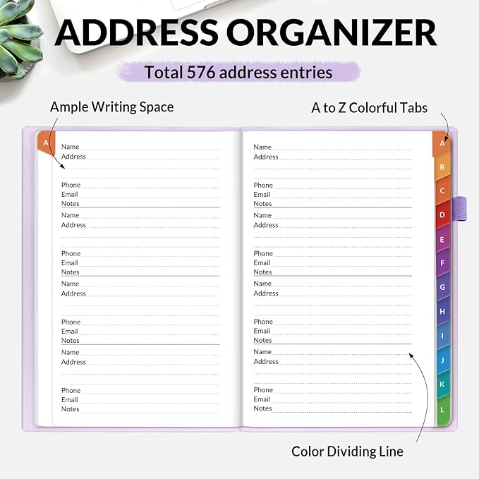 SUNEE Address Book with Colorful Alphabetical Tabs, Address Notebook Organizer for Record Contacts, 5.3'' x 7.7''- Purple
