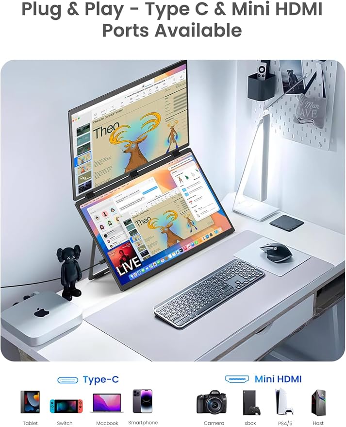 Portable Dual Monitor 18.5" 100Hz FHD 1080P Stacked Monitor, Dual Vertical Displays for Coding/Gaming/Trading, USB-C Mini HDMI Laptop Screen Extender(No Driver Needed)
