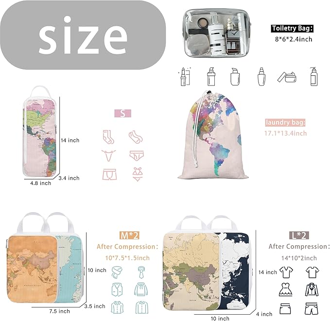 8 Pcs Compression Packing Cubes Travel for Suitcases, Waterproof Luggage Organizer Washable Storage Bags Set for Backpack Travel- Packaging Cubes for Carry-Ons and Storage