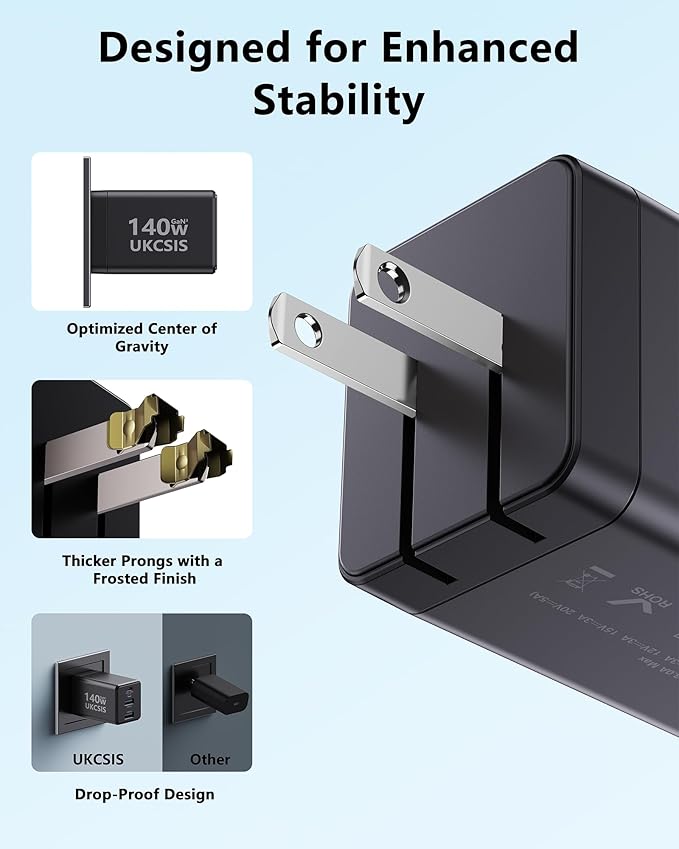 140W USB C Charger Block, Foldable 3-Port Multi-Device Fast Power Adapter, USB C Charger for MacBook pro/Air, Dell, Samsung Galaxy, iPad Pro, and More (Black)