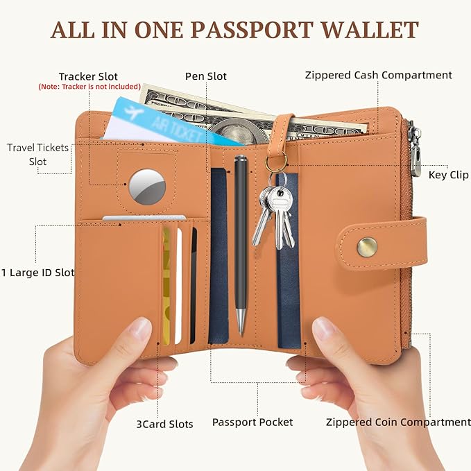 Full Grain Leather Passport Wallet, RFID Blocking Passport Holder with Tracker Slot, Multi Compartment Travel Wallet for Women & Men, Secure Passport Cover Case for Airport Essentials (Brown)