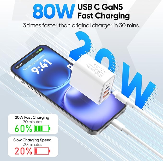 [2-Pack] USB C Charger,80W 4-Port Type C Fast Charging Block,USBC Multiport Wall Plug PD&QC GaN Charging Cube with 6.6FT USB C Cable for iPhone 16/15/14/13/12/11/Pro Max/XS/XR, Samsung（White