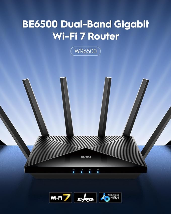 Cudy BE6500 WiFi 7 Router Dual Band Gigabit Gaming Router, 6500Mbps, VPN Client and Server, Cudy APP Control, Broadcom 2 GHz Quad-Core CPU, WR6500