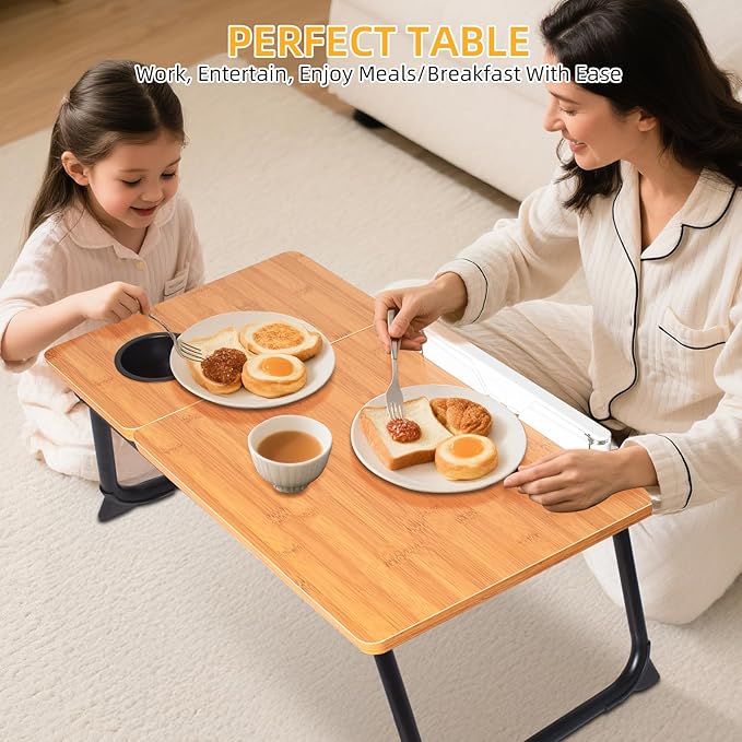 Adjustable Laptop Bed Table with Book Stand, Portable Reading Desk with Side Panel, Wood Grain