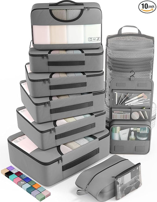 Veken 10 Set Packing Cubes for Travel Essential, Suitcase Organizer Bags in 4 Sizes, Carry-On Luggage Accessories with Large Laundry & Hanging Toiletry Bag, Must-Have for Airplane, Road Trip & Camping