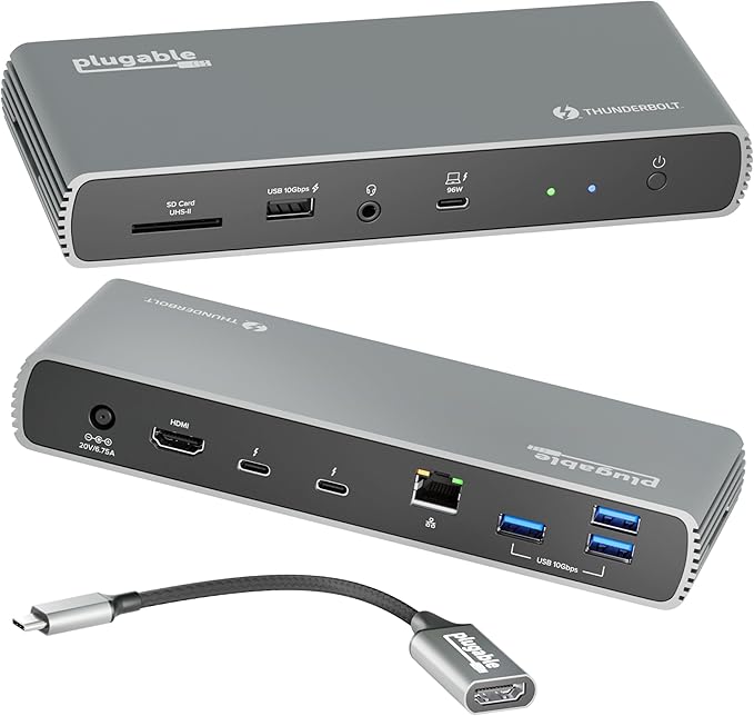 Plugable Thunderbolt 4 Dock for Dual 4K or 8K Display – 100W Charging Docking Station for MacBook Pro and Windows Laptops with 11 Ports, 3X Thunderbolt, Ethernet, USB, and SD Card (TBT4-UDX1)