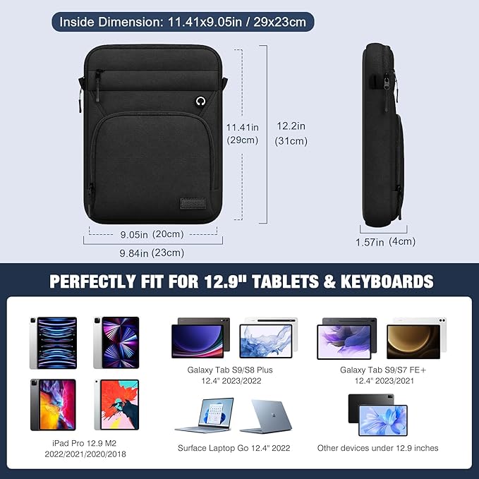 MoKo 12.9 Inch Tablet Sleeve Bag, Fits 13 Inch New iPad Pro M4 & Air M2 2024, iPad Pro 12.9 inch M2&M1, Galaxy Tab S9/S8 Plus 12.4", Multifunctional Bag with Shoulder and Headphone Port, Black