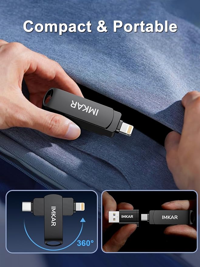 MFi Certified 256GB Flash Drive for iPhone iPad, IMKAR Memory Stick Storage for Photos Videos, Compatible with iPhone iPad Android and PC, Plug and Play No Application Required (Metal Gray)