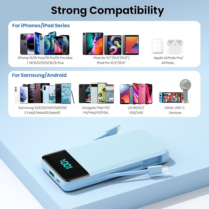 Portable Charger for iPhone with Built in Cables and Wall Plug,Upgraded 13800mAh Fast Charging USB C Power Bank,4 Outputs Travel Essential Battery Pack Compatible with iPhone 15/14/13/12,-Light Blue