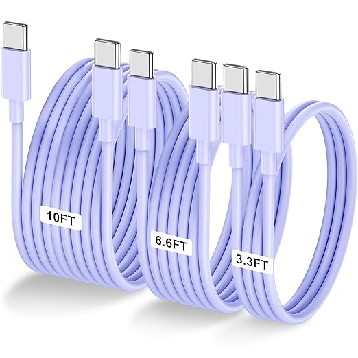 3-Pack Purple [3.3FT+6.6FT+10FT] 60W USB C to USB C Cable, Type C Fast Charging Cable for iPhone Air 17 16e 16 15 Pro Plus Pro Max，for Galaxy S25, for iPad Pro/Air/mini, for MacBook Pro/Air and More
