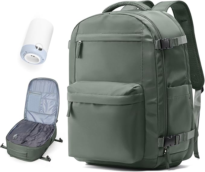 Vacuum Travel Backpack with Pump for Women,Personal Item Carry on Backpacks Flight Approved 18x14x8 inches for Men,Laptop Waterproof Work Compression bags Casual Daypack. Green