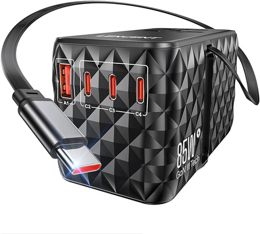 LENCENT 85W Universal Travel Power Adapter with Retractable USB C Cable, GaN International Travel Adapter with 1 USB-A & 3 Type C Fast Charging, Worldwide Plug Adaptor for US to EU UK Type C/G/A/I