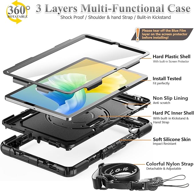 SEYMAC stock Case for Samsung Galaxy Tab S6 Lite 10.4’’ (2024-2020) with Screen Protector Pencil Holder [360° Rotating Hand Strap] &Stand, Drop-Proof Case for Galaxy Tab S6 Lite Tablet, All Black