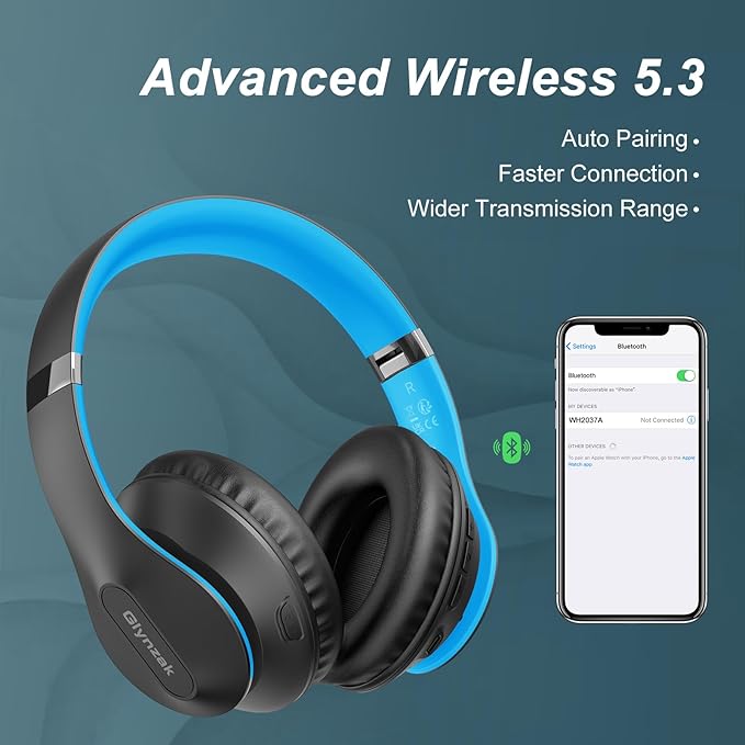 Wireless Bluetooth Headphones Over Ear, 65H Playtime HiFi Stereo Headset with Microphone and 6EQ Modes Foldable V5.3 Bluetooth Wireless Headphones for Travel Computer Laptop