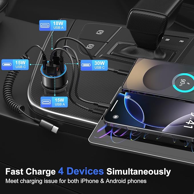3 Pack USB C Car Charger, 4-Port 65W Dual 12V USB-A & USBC Cigarette Lighter Adapter Plug with Voltmeter PD/QC 3.0 Fast Charging Car Phone Charger for iPhone 17 16e 15 14 13 12 Pro Max, Android-Black