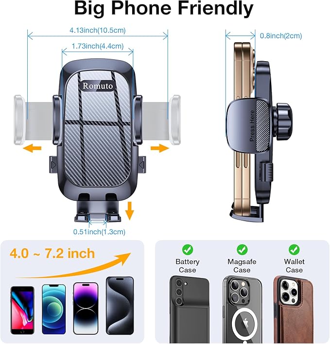 Romuto Car Phone Holder Mount【2025 Strongest Suction】 Phone Mount for Car Cell Phone Holders for Your Car Accessories for Women Men Dash Windshield Vent Truck Stand for iPhone Samsung Camera Mounts