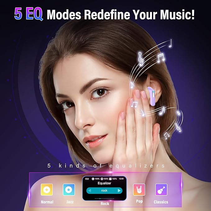 Wireless Earbuds, Bluetooth 5.4 Headphones with Multifunction Touch Screen, 48H Deep Bass Stereo Ear Buds, 5 EQ Modes, ANC/ENC Noise Cancelling, Transparency Mode, IPX7 Earbuds, Purple