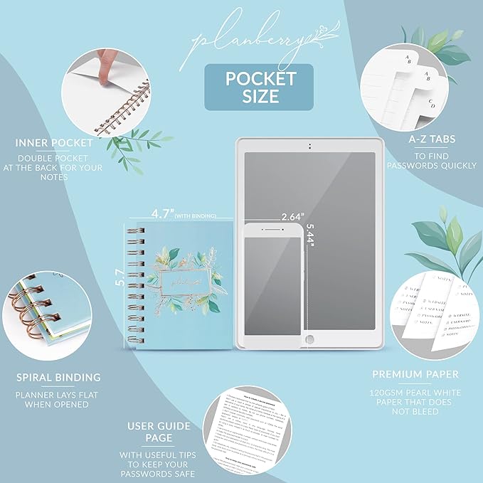 PLANBERRY Password Book Premium – Small Internet Address Organizer with A-Z Tabs – Pocket Website Password Keeper with Alphabetical Tabs – 4.7x5.7″, Hardcover (Spring Blue)